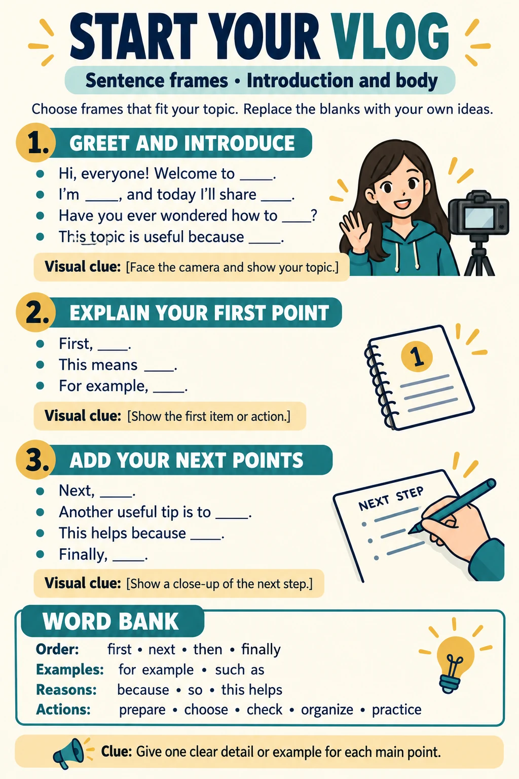 Sentence frames for introducing a vlog topic and developing useful tips.